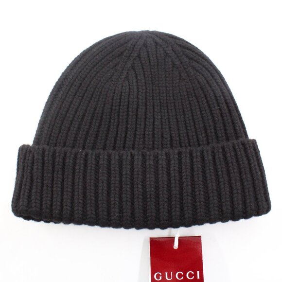 NWT Gucci Wool Cashmere Beanie Hat with Gold-Tone Double G in Black (L) - Picture 2 of 9